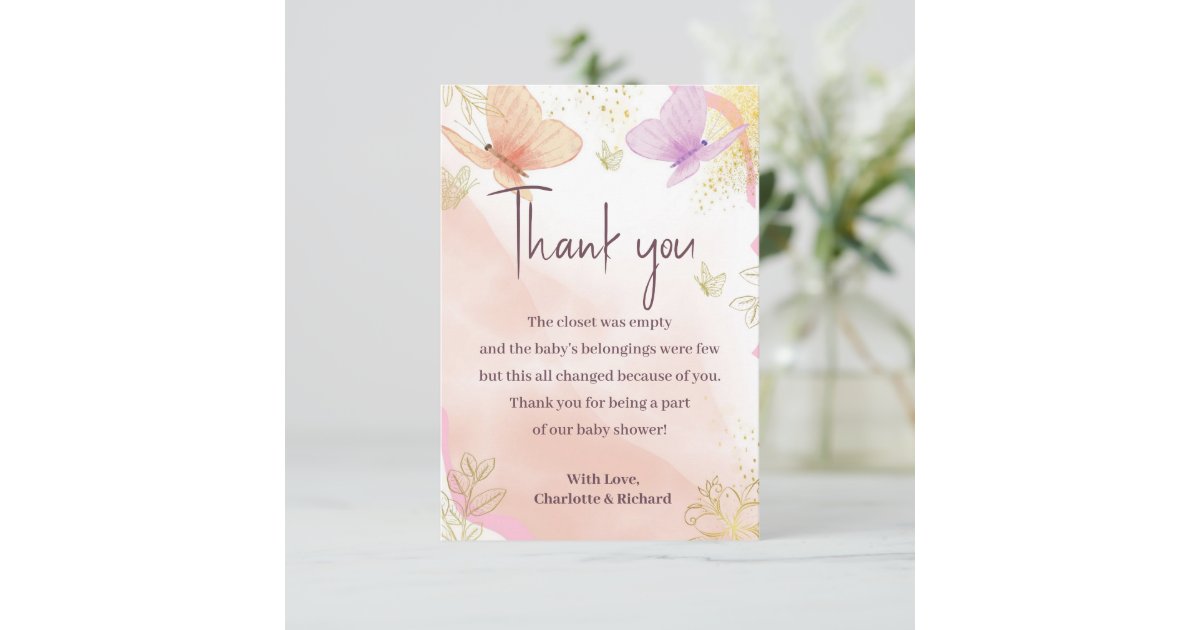 Our Little Butterfly Watercolor Pink Purple Gold Thank You Card | Zazzle