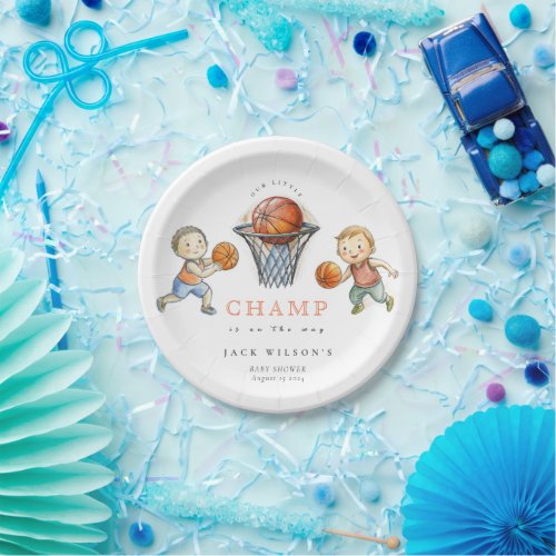 Our Little Champ Basketball Basket Boy Baby Shower Paper Plates