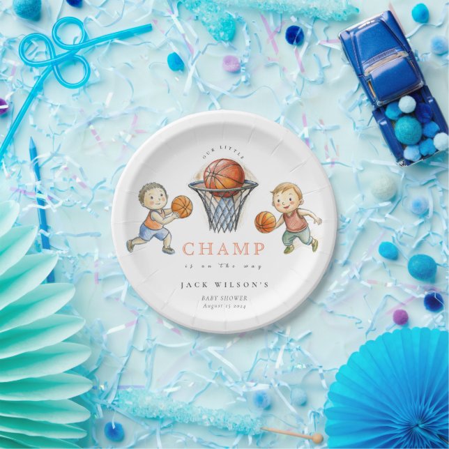 Our Little Champ Basketball Basket Boy Baby Shower Paper Plates (Party)