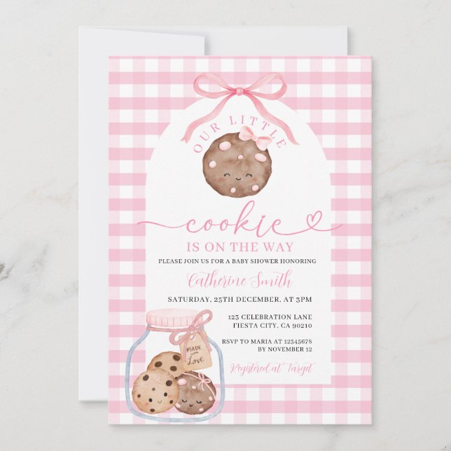 Our Little Cookie Baby Shower In Jar Pink Gingham Invitation (Front)