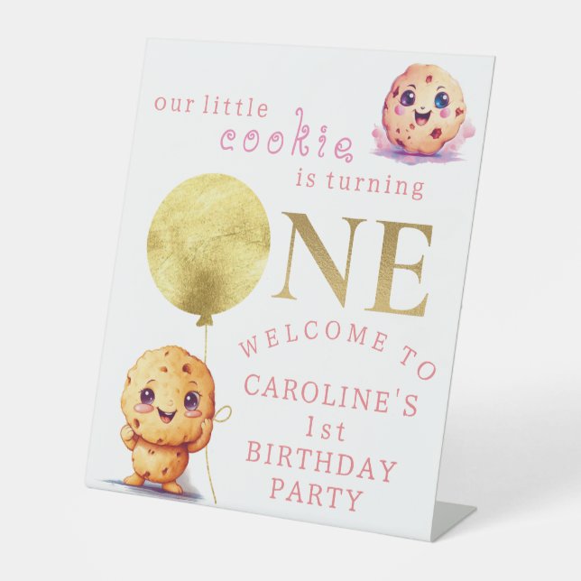 Our Little Cookie Turning ONE Photo 1st Birthday Pedestal Sign (Front)