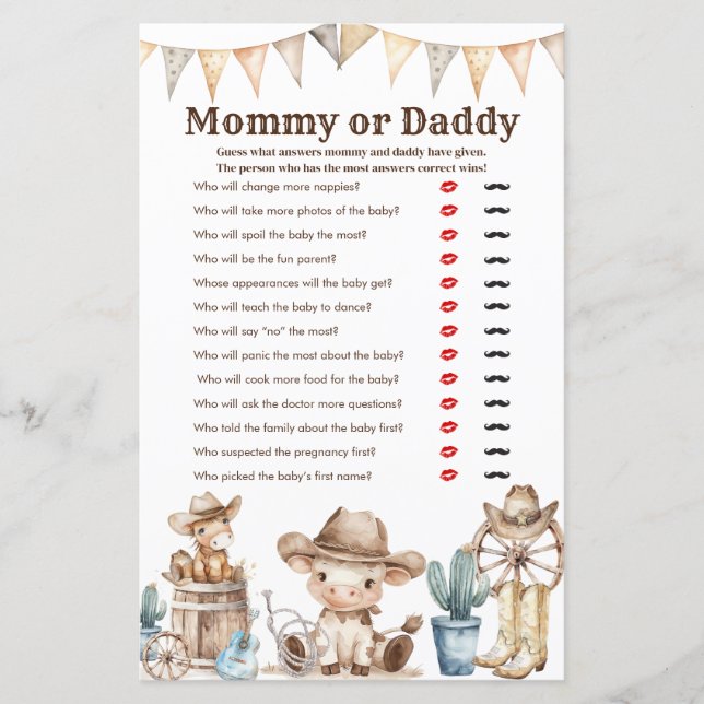 Our Little Cowboy Baby Shower Mommy or Daddy Game (Front)