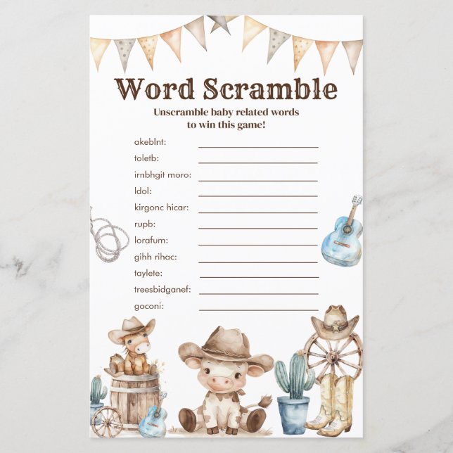 Our Little Cowboy Baby Shower Word Scramble Game (Front)