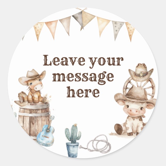 Our Little Cowboy Wild West Love Your Message Classic Round Sticker (Front)
