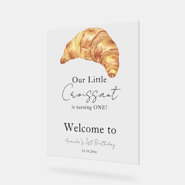 Our Little Croissant 1st Birthday Party Acrylic Sign (Angle)