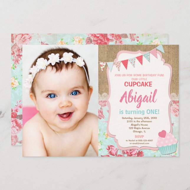 Our little Cupcake birthday girl 1st photo Invitation (Front/Back)