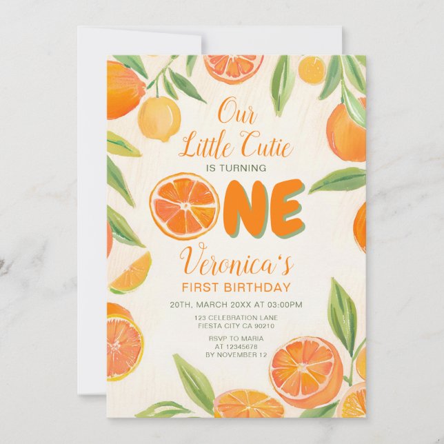 Our Little Cutie is One Orange 1st Birthday Floral Invitation (Front)