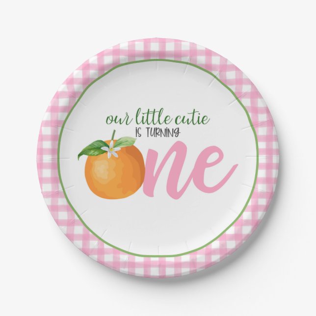 Our Little Cutie is Turning One Plate - Pk Plaid (Front)