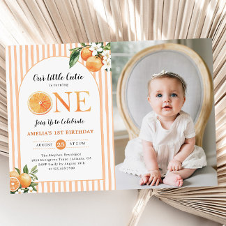Our Little Cutie Orange Citrus 1st Birthday Photo Invitation