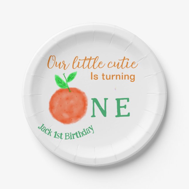 Our little cutie orange one birthday citrus fruit  paper plates (Front)