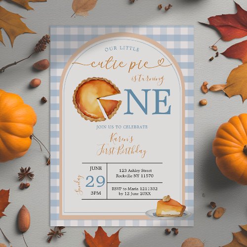 Our Little Cutie Pie Blue Gingham First Birthday Invitation