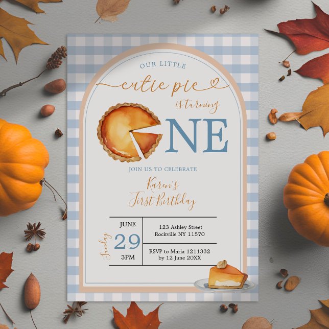 Our Little Cutie Pie Blue Gingham First Birthday Invitation (Creator Uploaded)