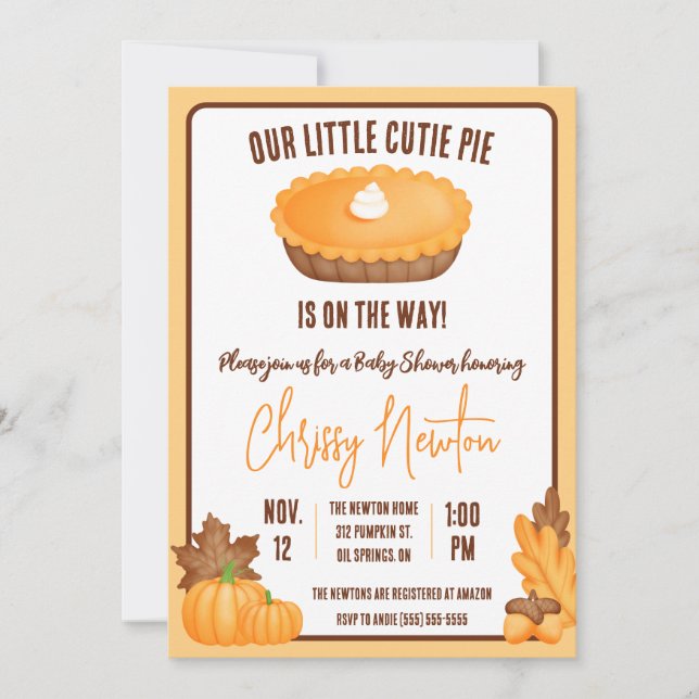 Our Little Cutie Pie, Fall Pumpkin Pie Baby Shower Invitation (Front)