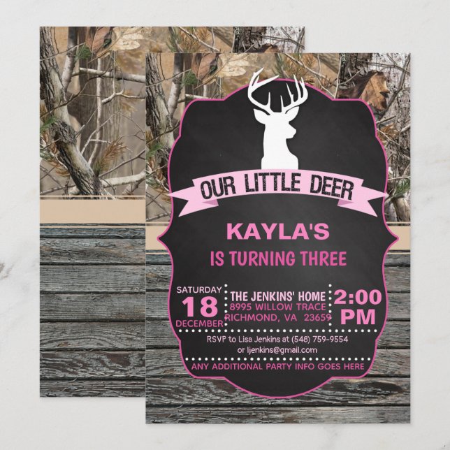 Our Little Deer Birthday Invitation - Girl (Front/Back)