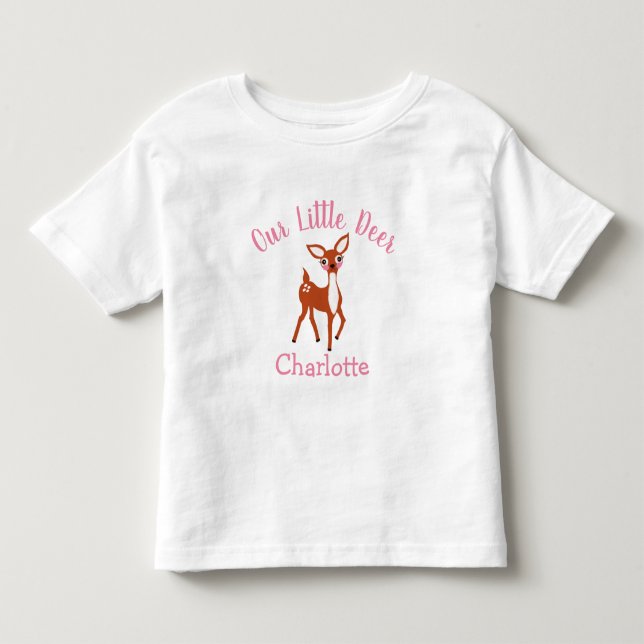 Our Little Deer Cute Pink Personalized Baby Toddler T-shirt (Front)
