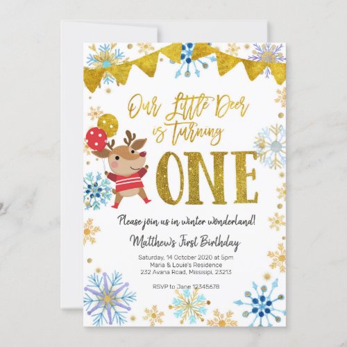 Our Little Deer is Turning One Winter Birthday Invitation