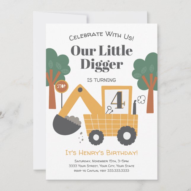 Our Little Digger Is Turning Four Birthday Party Invitation (Front)