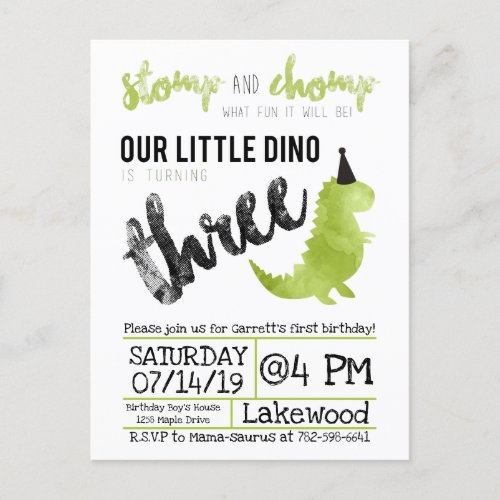 Our little Dino Birthday Green Dinosaur Theme Boy Invitation Postcard
