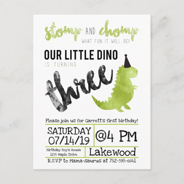 Our little Dino Birthday Green Dinosaur Theme Boy Invitation Postcard (Front)