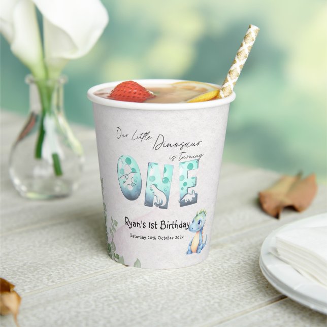 Our Little Dinosaur Is Turning One 1st Birthday Paper Cups (Insitu)