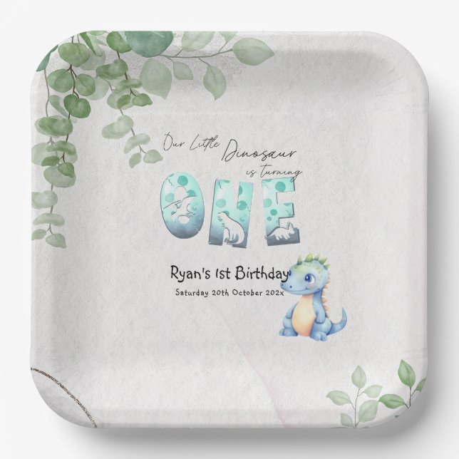 Our Little Dinosaur Is Turning One 1st Birthday Paper Plates (Front)