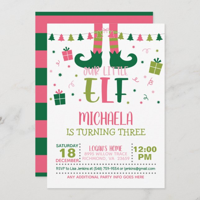Our Little Elf Birthday Invitation - Girl - WH (Front/Back)