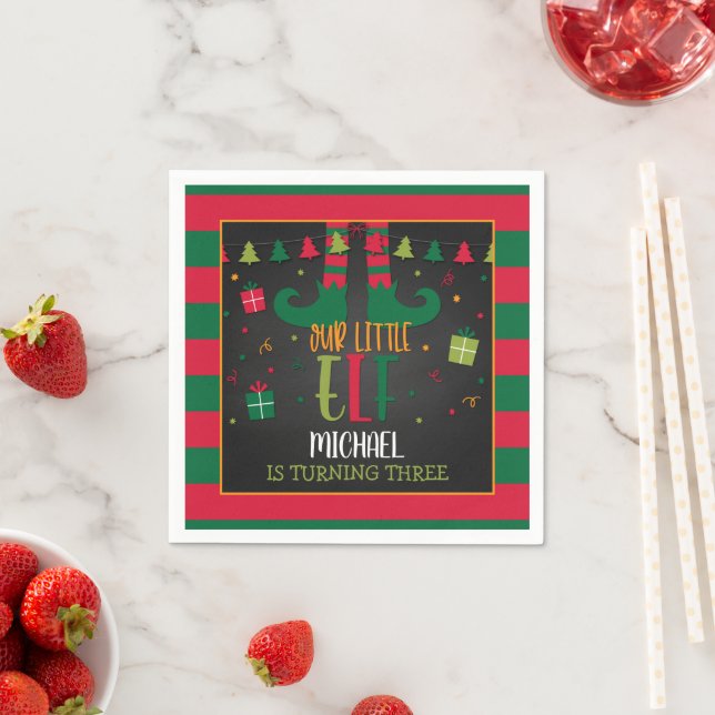 Our Little Elf Birthday Party Napkins - Blk (Insitu)