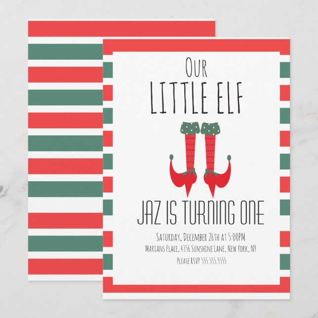 Our Little Elf- Elf Feet First Birthday Party Invitation (Front/Back)