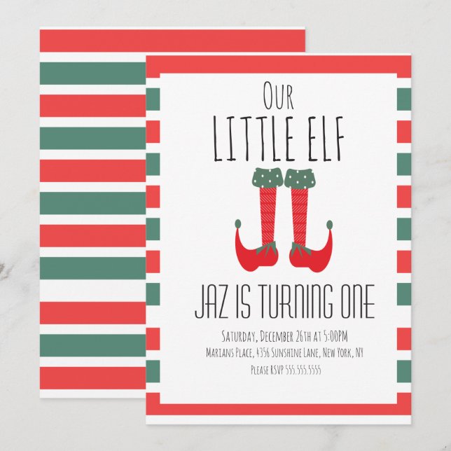 Our Little Elf- Elf Feet First Birthday Party Invitation (Front/Back)