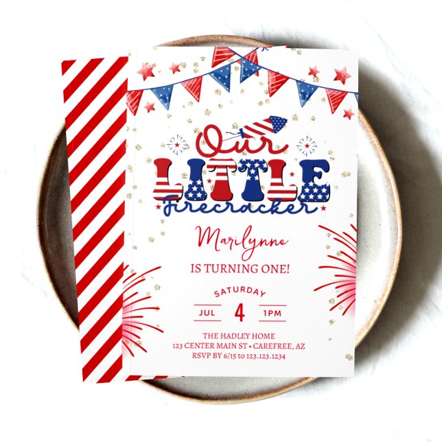 Our Little Firecracker 1st Birthday Party Invitation (1st birthdaykids children childred white blueindependence day 4th of julysummer birthdaysfireworkspa)