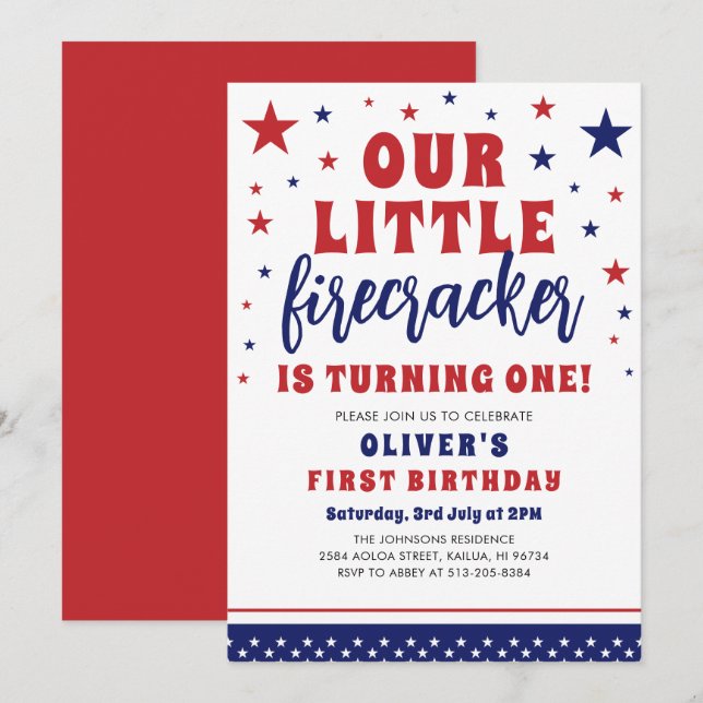 Our Little Firecracker 1st Birthday Party  Invitation (Front/Back)