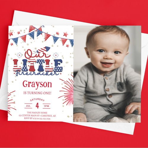 Our Little Firecracker 1st Birthday Party Photo Invitation