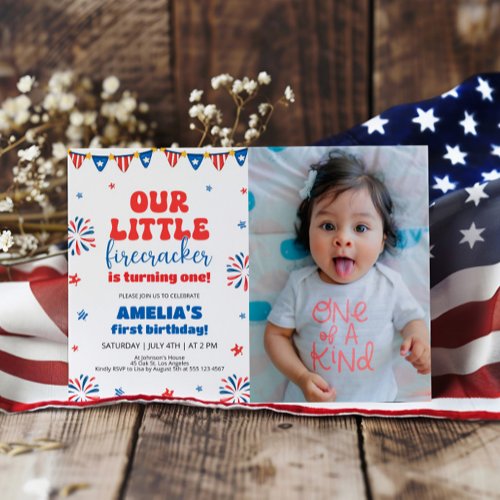 Our Little Firecracker 1st Birthday Party Photo Invitation