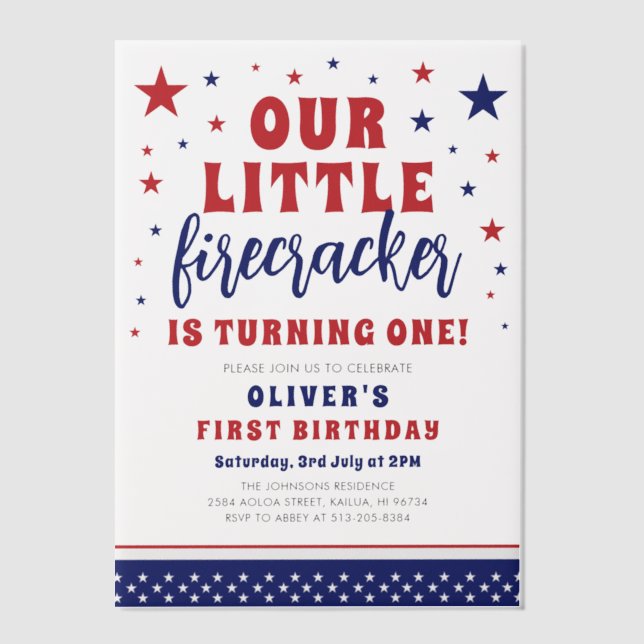 Our Little Firecracker 1st Birthday Party  Vellum Invitations (Front)