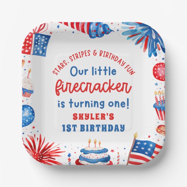 Our Little Firecracker 4th of July 1st Birthday Paper Plates (Front)