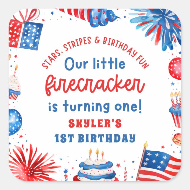 Our Little Firecracker 4th of July 1st Birthday Square Sticker (Front)