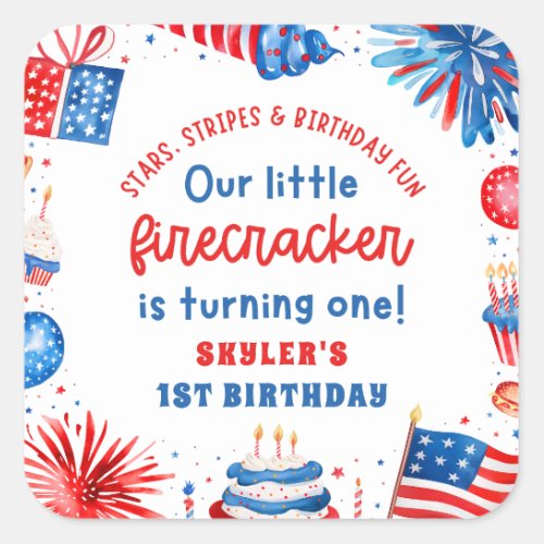 Our Little Firecracker 4th of July 1st Birthday Square Sticker