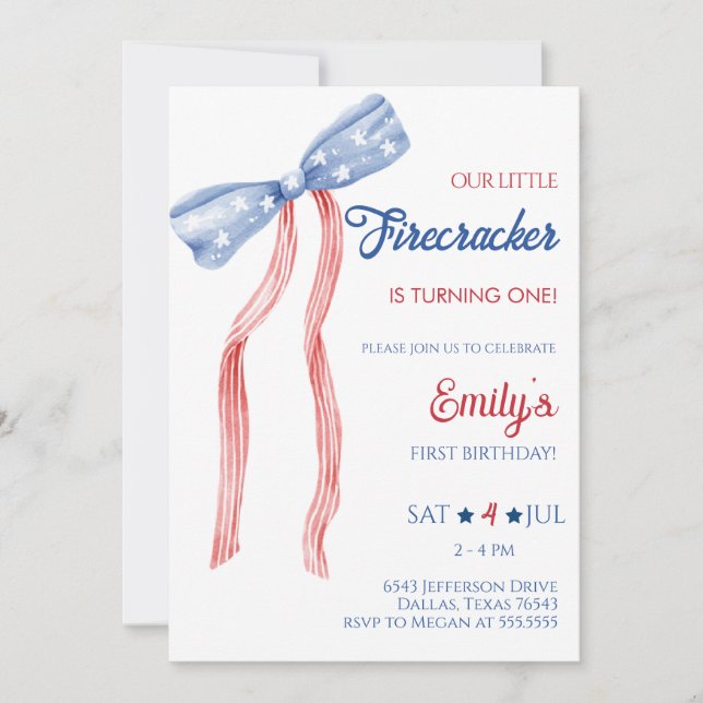 Our Little Firecracker Bow Birthday Invitation (Front)