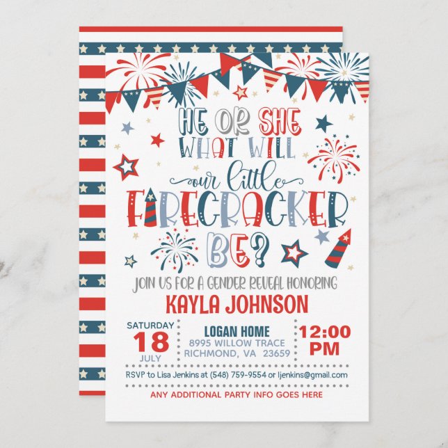 Our Little Firecracker Gender Reveal Baby Shower Invitation (Front/Back)