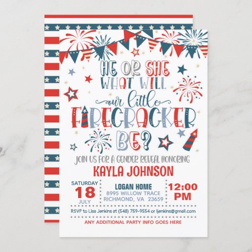 Our Little Firecracker Gender Reveal Baby Shower Invitation