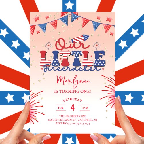 Our Little Firecracker Peach 1st Birthday Party Invitation