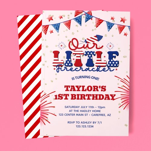 Our Little Firecracker Pink 1st Birthday Invitation