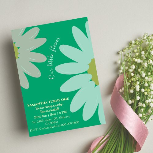 Our little flower turns one floral jade birthday invitation