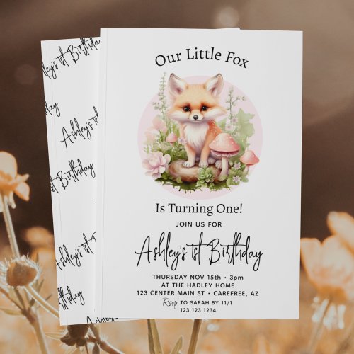 Our Little Fox Cottagecore Script 1st Birthday Invitation