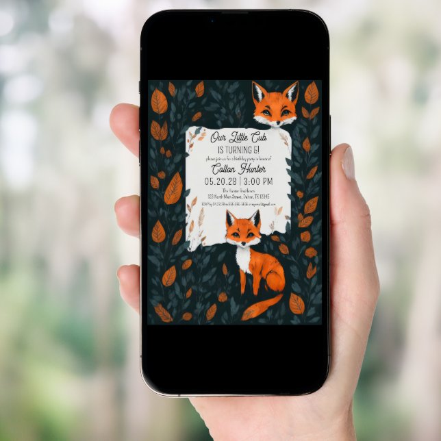 Our Little Fox Cub Orange Forest Leaves Birthday Invitation (Front Digital)