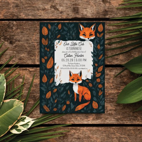 Our Little Fox Cub Orange Forest Leaves Birthday Invitation