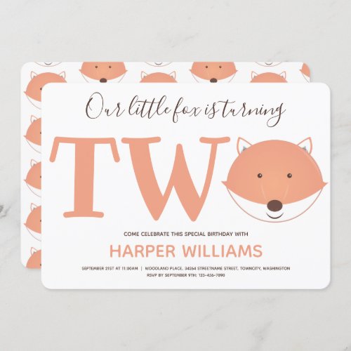 Our Little Fox is Turning Two Second Kids Birthday Invitation