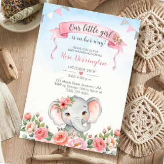 Our Little Girl Floral Elephant Baby Shower Invitation