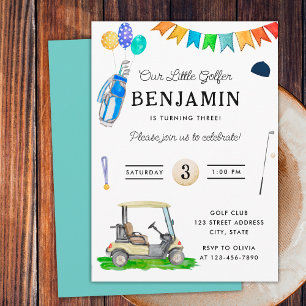Our Little Golfer Blue Cart Hat Kids Golf Birthday Invitation