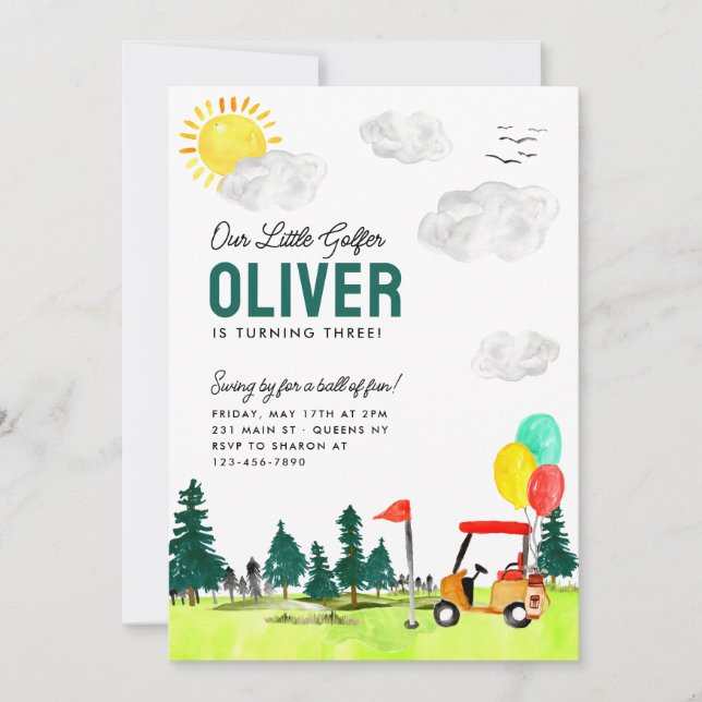 Our Little Golfer Cart Swing By Kids Golf Birthday Invitation (Front)